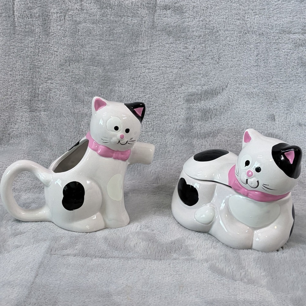 Vintage Ceramic Cat Creamer & Sugar Bowl Set Pink Bow Kitty Kitsch Kitchen Decor